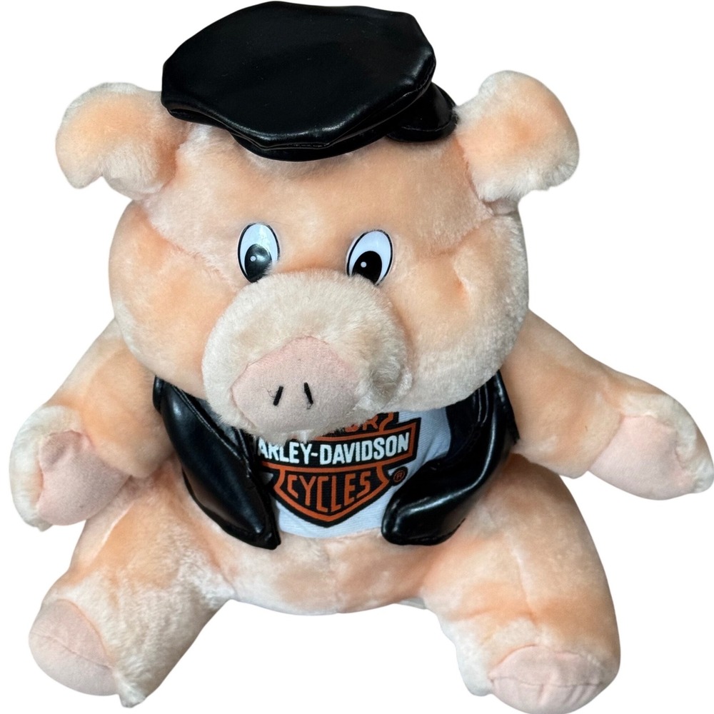 Harley-Davidson Biker Pig Plush Kids 10" Peach Faux Leather Vest Cap Logo